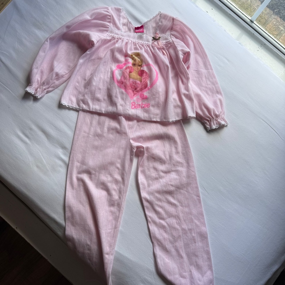 Vintage 1999 Barbie Pink Pajama Set Girls Size M 7/8 Wundies Lace Heart Y2K USA
